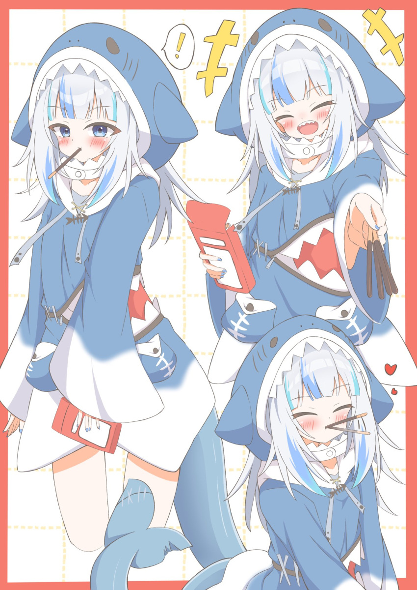 !, 1girl, animal_costume, animal_hood, blue_eyes, blue_hair, blue_hoodie, blunt_bangs, blush, border, closed_eyes, commentary, eyebrows_hidden_by_hair, feet_out_of_frame, fins, fish_tail, food, food_in_mouth, gabu_g2, gawr_gura, gawr_gura_(1st_costume), grey_hair, heart, highres, hololive, hololive_english, hood, hoodie, long_sleeves, looking_at_viewer, medium_hair, multicolored_hair, multiple_views, no_pants, pocky, pocky_in_mouth, red_border, shark_costume, shark_girl, shark_hood, shark_tail, sharp_teeth, simple_background, sleeves_past_wrists, solo, stitched_tail, streaked_hair, tail, teeth, virtual_youtuber, white_background, wide_sleeves