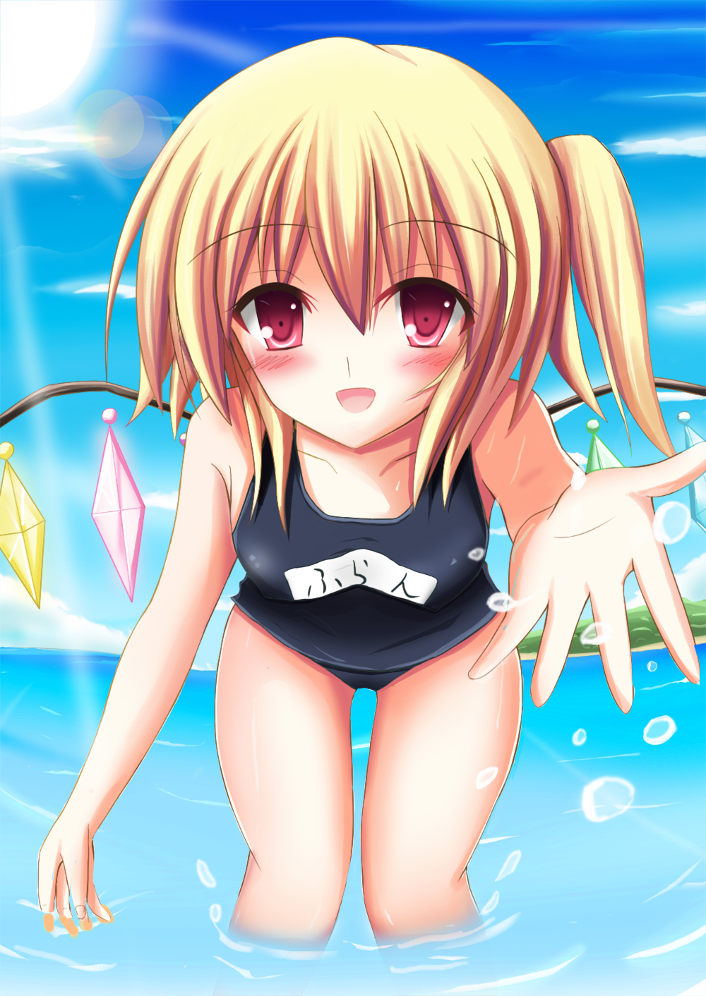 blonde_hair, flandre_scarlet, highres, red_eyes, school_swimsuit, solo, swimsuit, the_embodiment_of_scarlet_devil