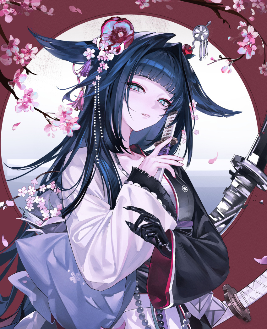 1girl, 2080167236, absurdres, arknights, beads, black_gloves, black_hair, black_kimono