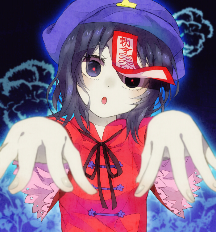 bad_id, black_eyes, black_hair, blurry, bust, depth_of_field, face, foreshortening