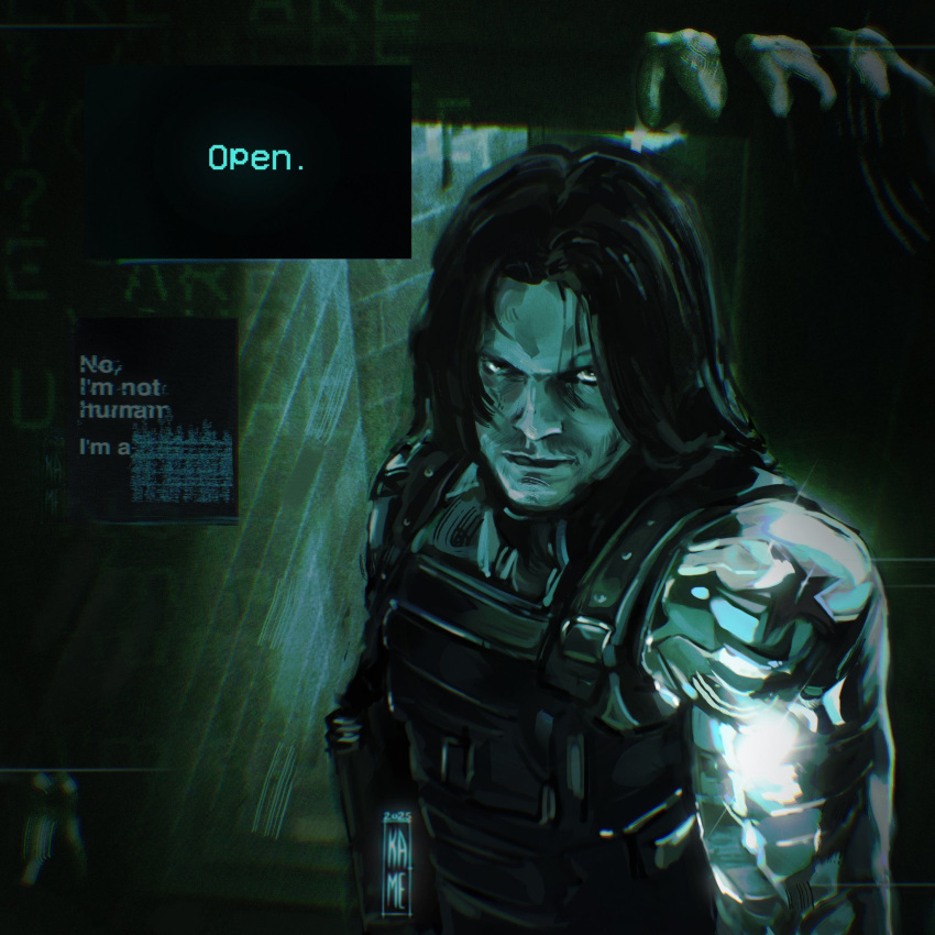 1boy, armor, bucky_barnes, captain_america:_the_winter_soldier, captain_america_(series), english_commentary, english_text, glitch