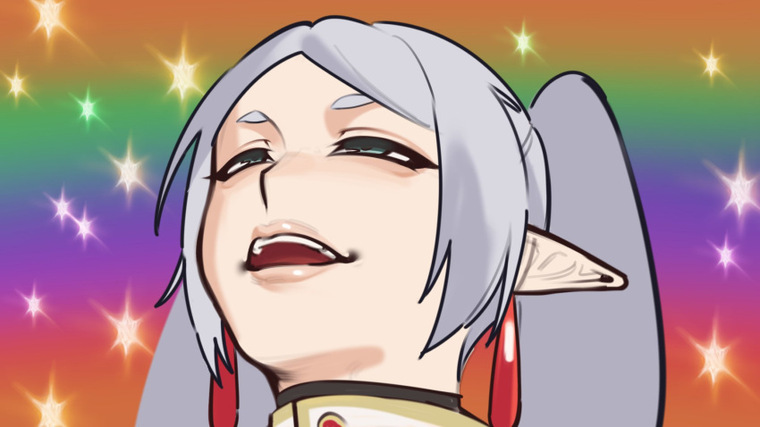 1girl, cinko, elf, fabulous_secret_powers_(meme), frieren, grey_eyes, grey_hair, highres