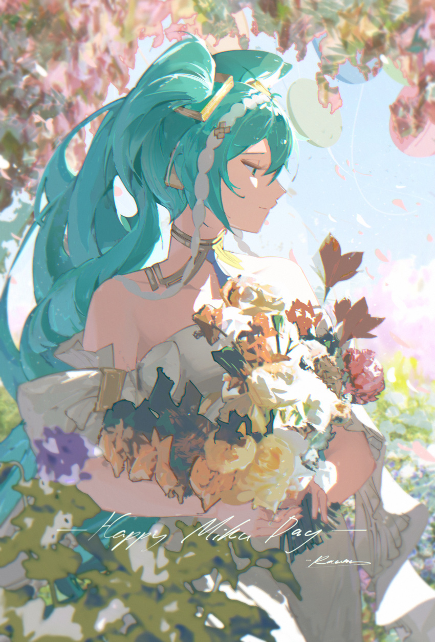 1girl, absurdres, alternate_costume, aqua_hair, bare_shoulders, bouquet, commentary, day, dress, flower, hatsune_miku, highres, holding, holding_bouquet, long_hair, looking_to_the_side, miku_day, outdoors, profile, raum_en, signature, solo, twintails, upper_body, vocaloid, white_dress