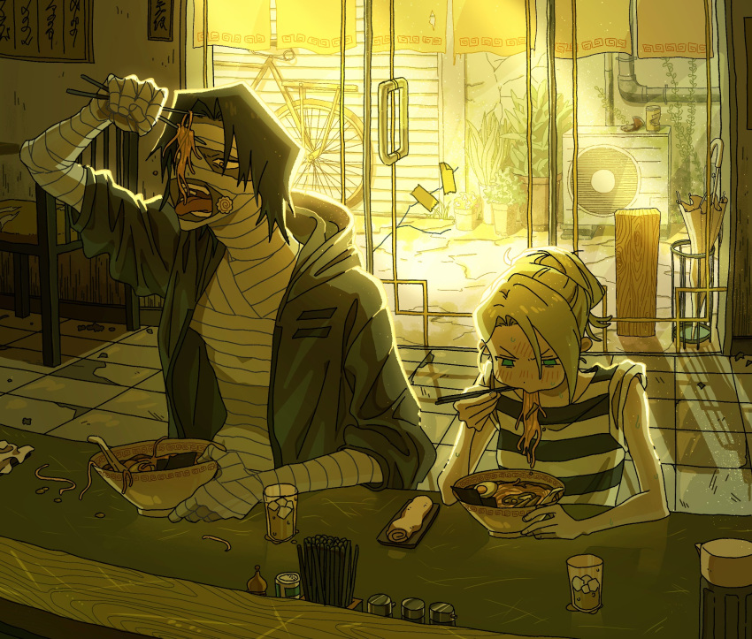 1boy, 1girl, abandoned, alternate_hairstyle, backlighting, bandaged_arm, bandaged_chest, bandaged_head