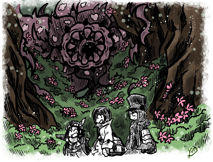 1boy, 2girls, cherry_blossoms, commentary, flower, goggles, goggles_on_headwear, gunner_(sekaiju)