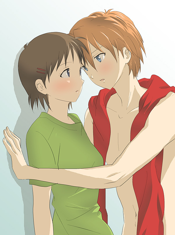 1girl, blue_eyes, blush, brown_hair, eye_contact, fumi_(k3fmcn77), fumi_(pixiv), genderswap