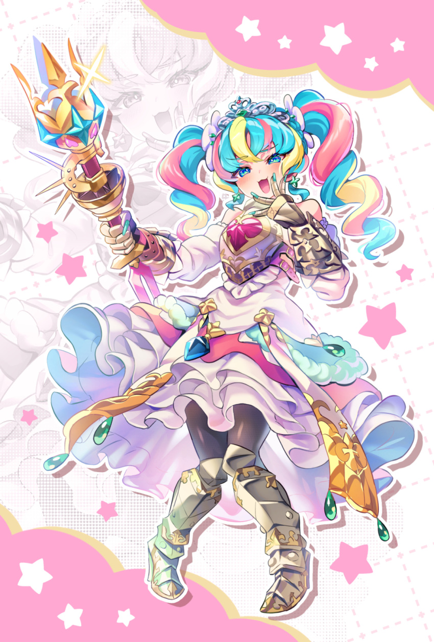1girl, :3, :d, aqua_hair, armor, bare_shoulders, black_pantyhose, blonde_hair, blue_eyes, blush, boots, breastplate, detached_sleeves, dress, earrings, gauntlets, greaves, high_heel_boots, high_heels, highres, holding, holding_sword, holding_weapon, jewelry, long_hair, looking_at_viewer, mesugaki, multicolored_hair, nails_visible_through_gloves, open_mouth, pantyhose, pink_hair, princess, sekaiju_no_meikyuu, sekaiju_no_meikyuu_3, sekaiju_no_meikyuu_hd, smile, solo, sovereign_(sekaiju), sovereign_5_(sekaiju), sword, tiara, twintails, weapon, white_dress, yasaitabeyou0, zoom_layer