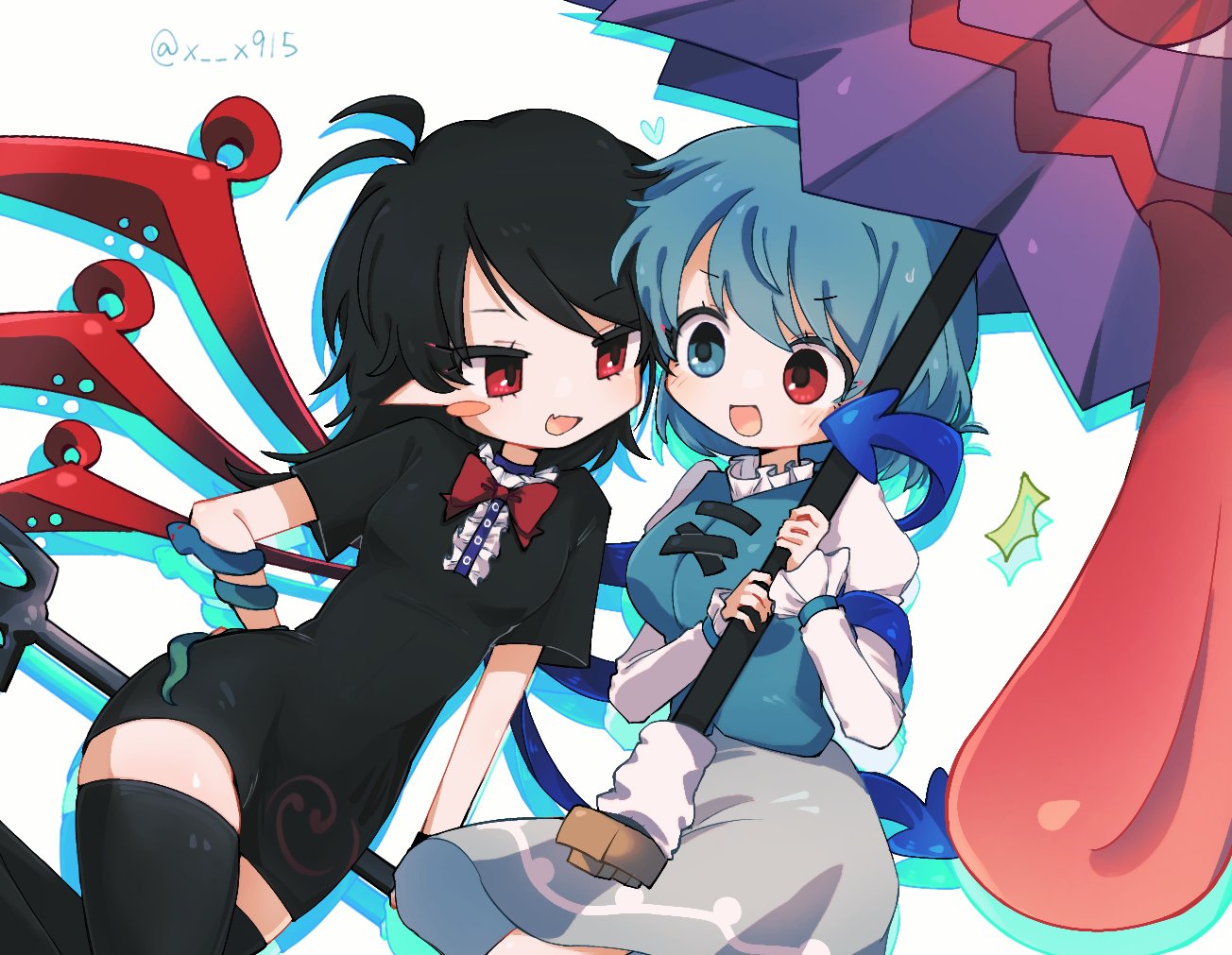 2girls, asymmetrical_wings, black_dress, black_hair, black_thighhighs, blue_eyes, blue_hair, blue_vest, blue_wings, blush, blush_stickers, bow, bowtie, breasts, center_frills, commentary_request, dress, drop_shadow, fang, feet_out_of_frame, frills, grey_skirt, heterochromia, holding, holding_polearm, holding_weapon, houjuu_nue, karakasa_obake, kiwi_(x_x915), looking_at_another, medium_breasts, multiple_girls, open_mouth, pointy_ears, polearm, purple_umbrella, red_bow, red_bowtie, red_eyes, red_wings, shirt, short_dress, short_hair, short_sleeves, simple_background, skin_fang, skirt, small_breasts, snake, tatara_kogasa, thigh-highs, tomoe_(symbol), tongue, touhou, trident, umbrella, vest, weapon, white_background, white_shirt, wing_hug, wings