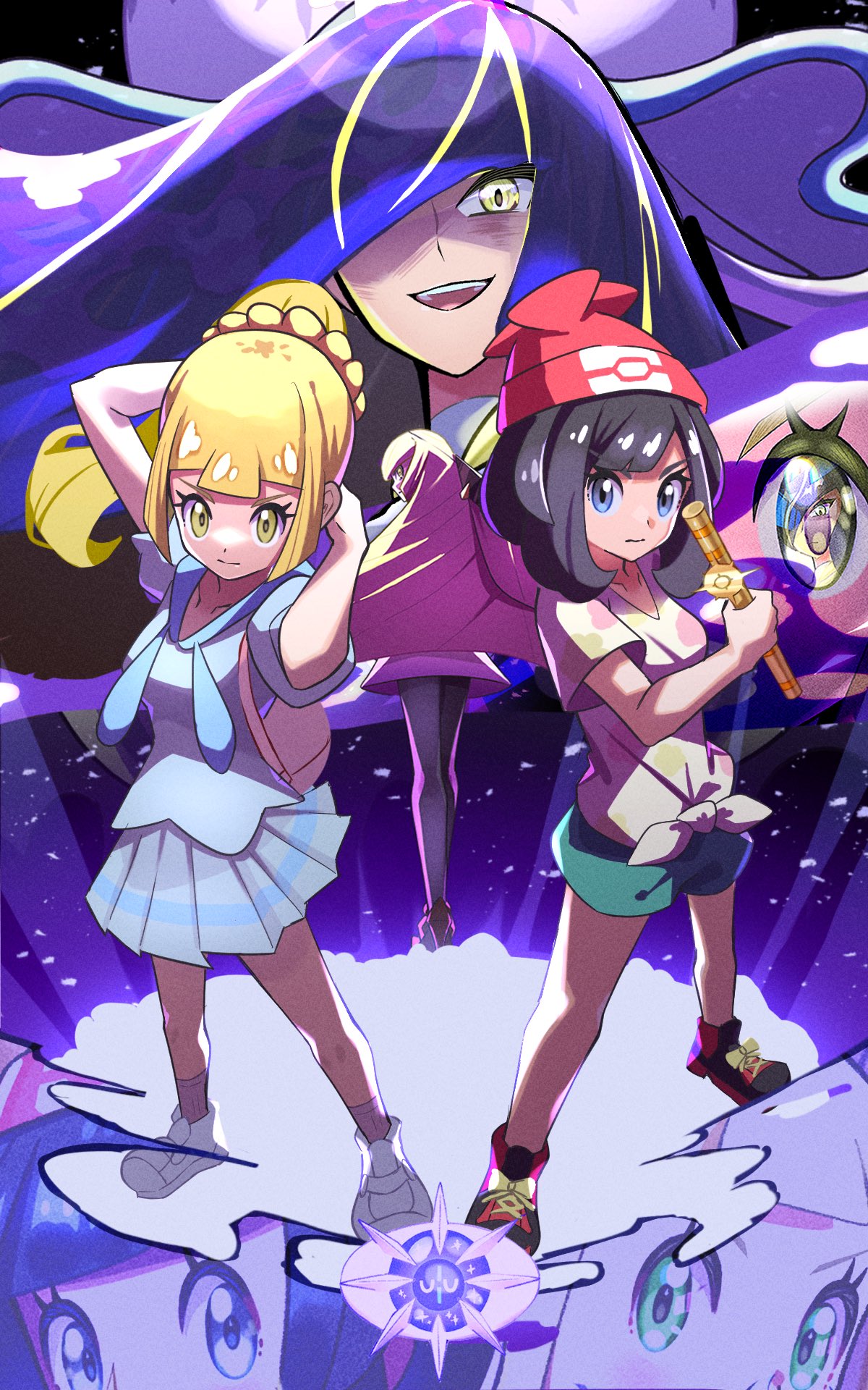 3girls, black_hair, blonde_hair, blue_eyes, closed_mouth, cosmog, dress, eyelashes