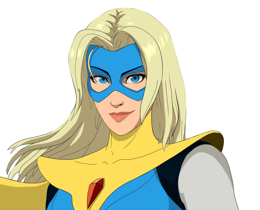 blonde_blazer, blonde_hair, blue_eyes, blue_leotard, blue_mask, bodysuit, cape, chest_jewel