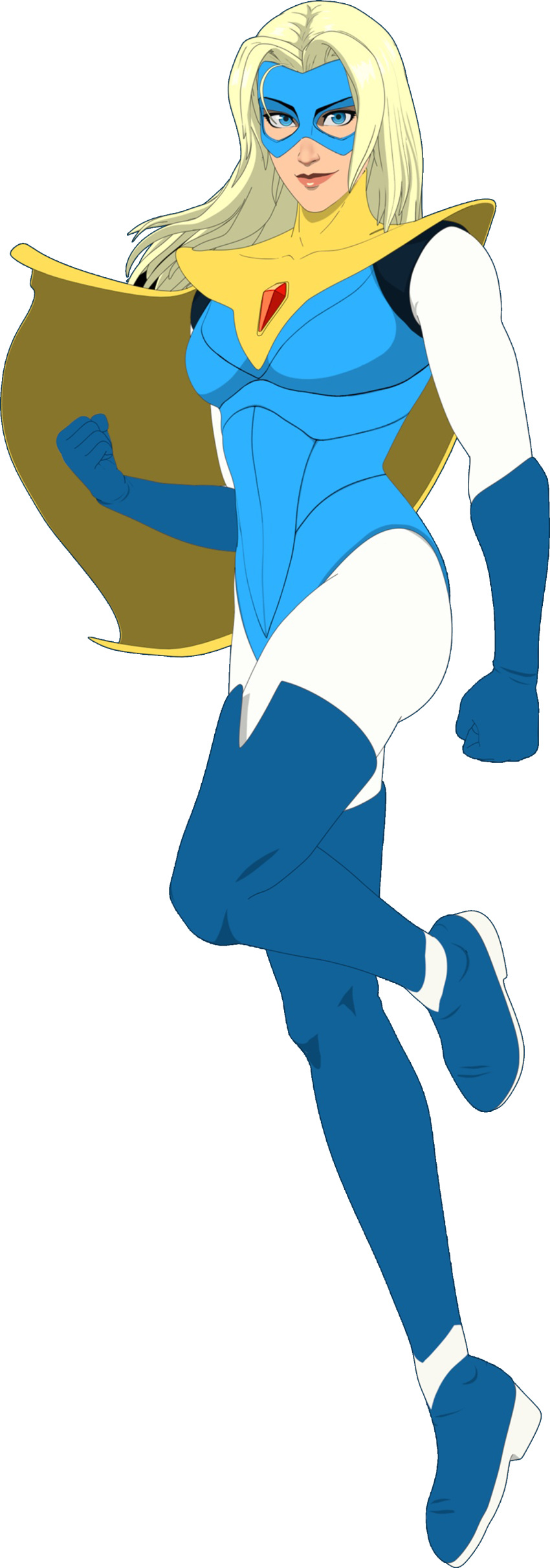 absurdres, blonde_blazer, blonde_hair, blue_boots, blue_eyes, blue_gloves, blue_leotard, blue_mask