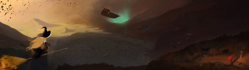 absurdres, aircraft, airship, bird, blonde_hair, broom, broom_riding, cityscape