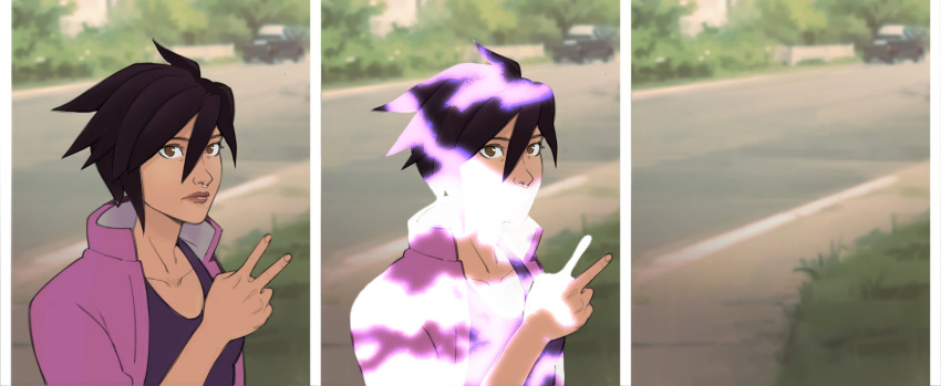 1girl, black_hair, blurry, blurry_background, breasts, brown_eyes, closed_mouth, collarbone, commentary, dispatch, face_piercing, highres, invisible, invisigal, jacket, lips, lssdog, meme, nileseyy_niles_disappears_(meme), nose_piercing, nose_ring, open_clothes, open_jacket, outdoors, piercing, purple_jacket, short_hair, small_breasts, spiky_hair, upper_body