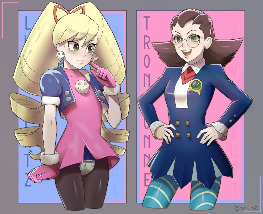 2girls, absurdres, artist_name, blonde_hair, blue_dress, blue_pantyhose, bow, brown_hair, caruel_art, character_name, cosplay, costume_switch, cropped_jacket, crotch_plate, dress, drill_hair, earrings, glasses, gloves, green_eyes, hair_bow, hands_on_own_hips, highres, jewelry, long_hair, luna_platz_(mega_man), luna_platz_(mega_man)_(cosplay), mega_man_(series), mega_man_legends_(series), mega_man_star_force_(series), multiple_girls, pantyhose, pink_gloves, red_bow, skull_earrings, striped_clothes, striped_pantyhose, tron_bonne_(mega_man), tron_bonne_(mega_man)_(cosplay), twin_drills, very_long_hair
