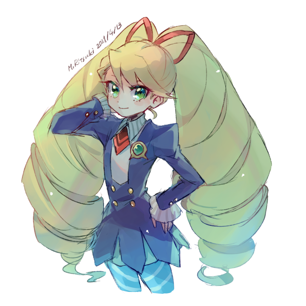 1girl, blonde_hair, blue_dress, blue_pantyhose, bow, dress, drill_hair, green_eyes