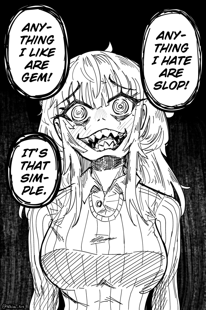 1girl, @_@, artist_name, bags_under_eyes, black_background, breasts, english_commentary, english_text