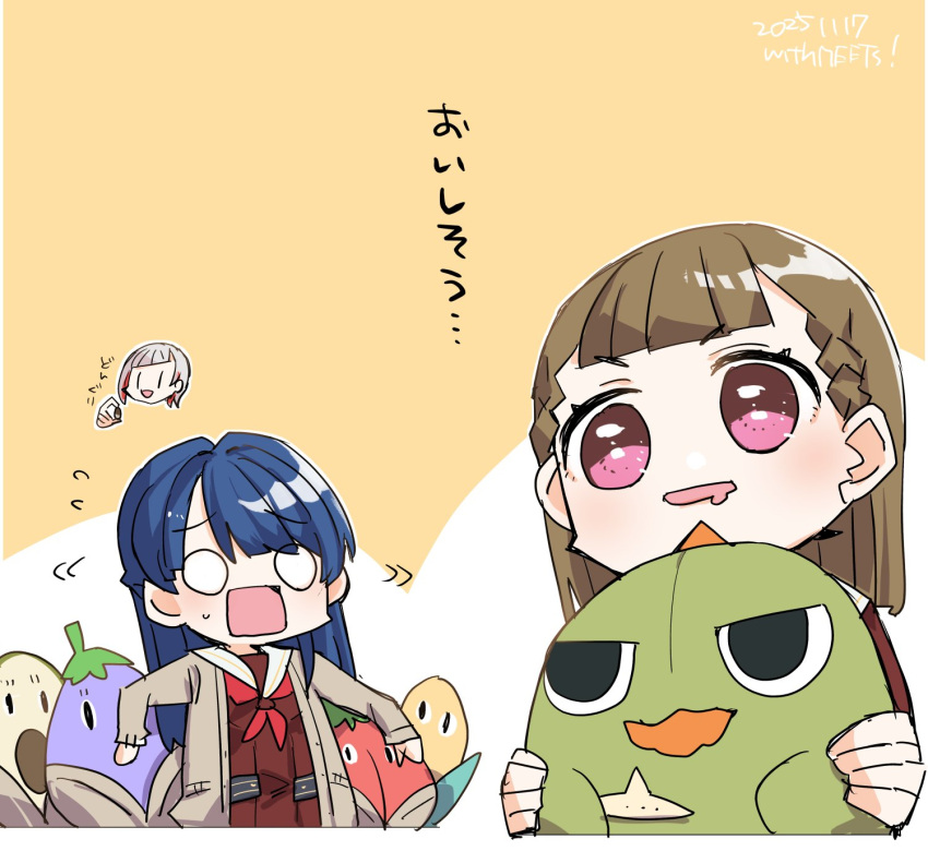 3girls, avocado_(love_live!), blue_hair, braid, brown_cardigan, brown_dress, brown_hair, cardigan