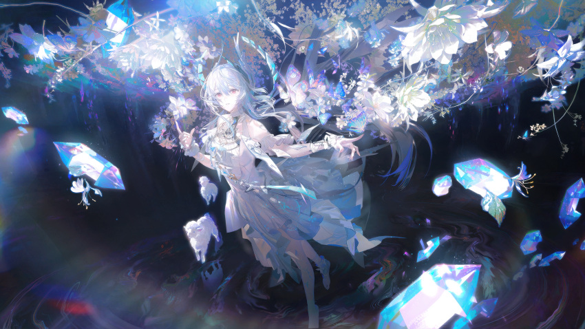 1girl, absurdres, animal, baby_animal, barefoot, breasts, crystal, flower