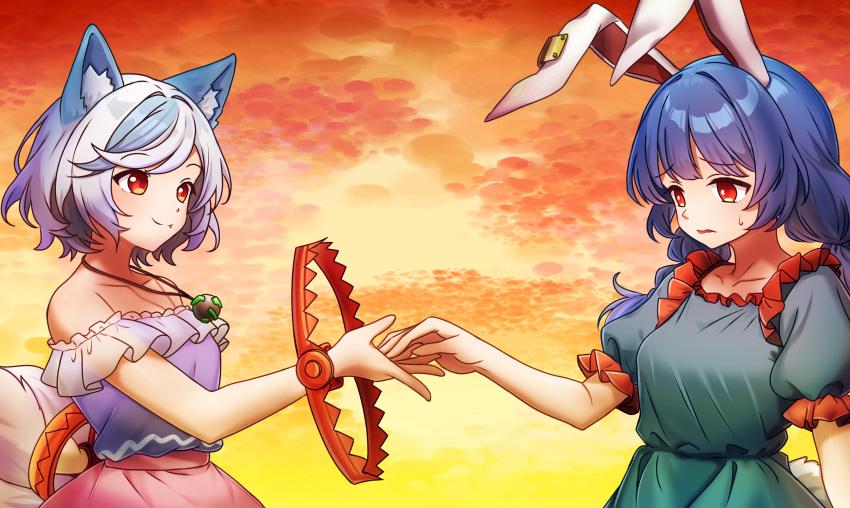 2girls, absurdres, animal_ear_fluff, animal_ears, arm_behind_back, bear_trap, blue_hair, braid