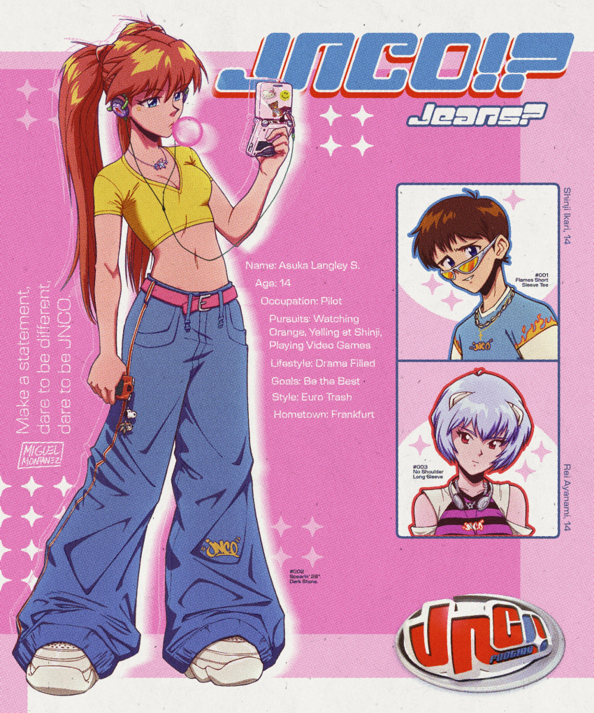 1boy, 2girls, absurdres, alternate_costume, artist_name, ayanami_rei, baggy_pants, belt, blowing_bubble_gum, blue_eyes, blue_hair, blue_pants, breasts, brown_hair, cellphone, cellphone_charm, charm_(object), chewing_gum, commentary, crop_top, cropped_shirt, denim, english_text, facial_mark, fake_ad, fake_scan, flip_phone, game_boy_advance, game_boy_advance_sp, handheld_game_console, headphones, headphones_around_neck, highres, holding, holding_handheld_game_console, holding_phone, ikari_shinji, jeans, jewelry, long_hair, midriff, monochrome, motorola_razr, mrmiguelart, multiple_girls, navel, necklace, neon_genesis_evangelion, orange_hair, pants, peanuts_(comic), phone, pink_belt, playing_games, red_eyes, shirt, shoes, short_hair, signature, small_breasts, smile, sneakers, snoopy, solo, sonic_(series), sonic_the_hedgehog, souryuu_asuka_langley, star_(symbol), sunglasses, t-shirt, twintails, y2k_fashion, yellow_shirt
