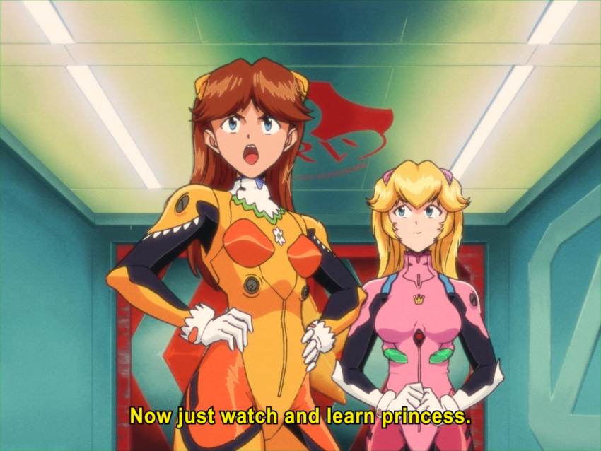 1990s_(style), 2girls, blonde_hair, blue_eyes, bodysuit, breasts, brown_hair, commentary