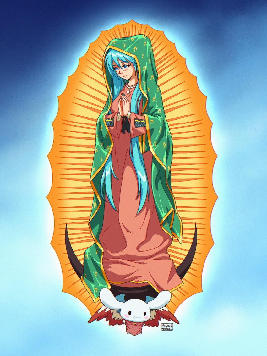1girl, aqua_eyes, aqua_hair, blue_nails, breasts, cinnamoroll, commentary, dress
