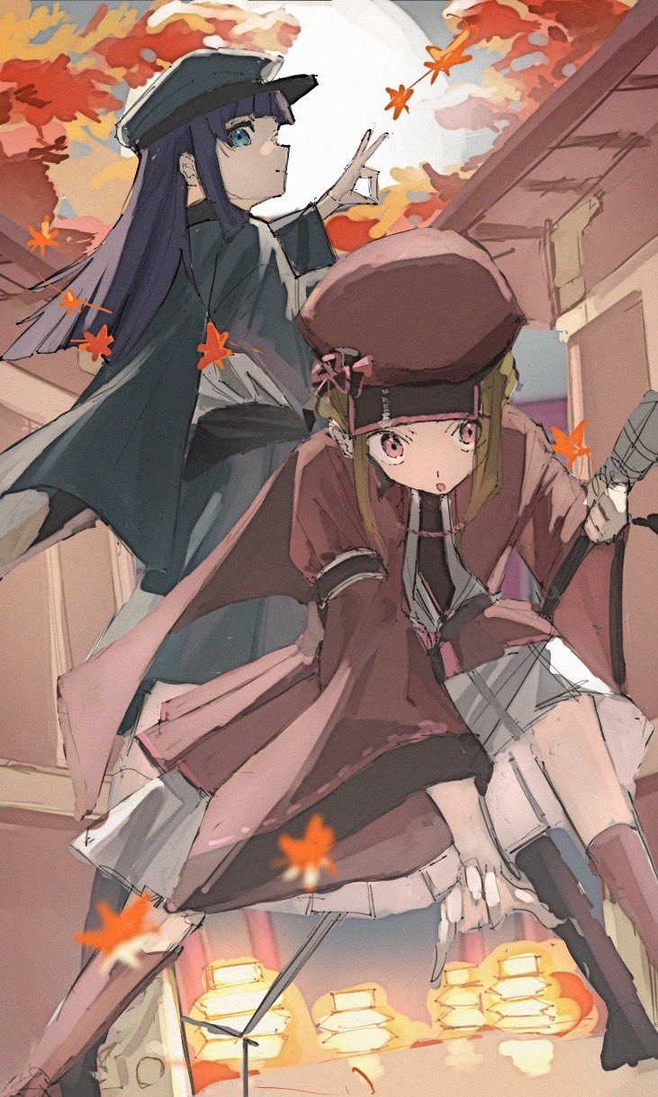 2girls, autumn, black_necktie, blue_eyes, blue_hat, blue_jacket, brown_hair, brown_hat