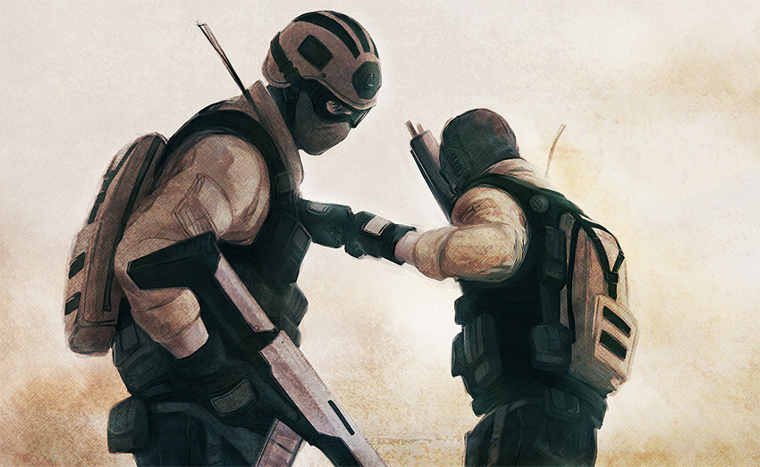 balaclava, call_of_duty, call_of_duty:_modern_warfare_2, fist_bump, ghost_(modern_warfare_2), gloves, goggles, gun, helmet, multiple_boys, rifle, roach_(modern_warfare_2), sepia, sielof, uniform, weapon