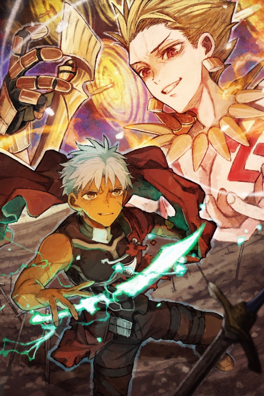 2boys, archer_(fate), battle, battle_damage, blonde_hair, coat, dark-skinned_male, dark_skin, ea_(fate), fate/grand_order, fate_(series), field_of_blades, fighting_stance, gate_of_babylon_(fate), gilgamesh_(fate), highres, kanshou_&amp;_bakuya_(fate), magic, magic_circuit, male_focus, multiple_boys, natori_re, planted, planted_sword, red_coat, sword, too_many_weapons, torn_clothes, unlimited_blade_works_(reality_marble), weapon, white_hair