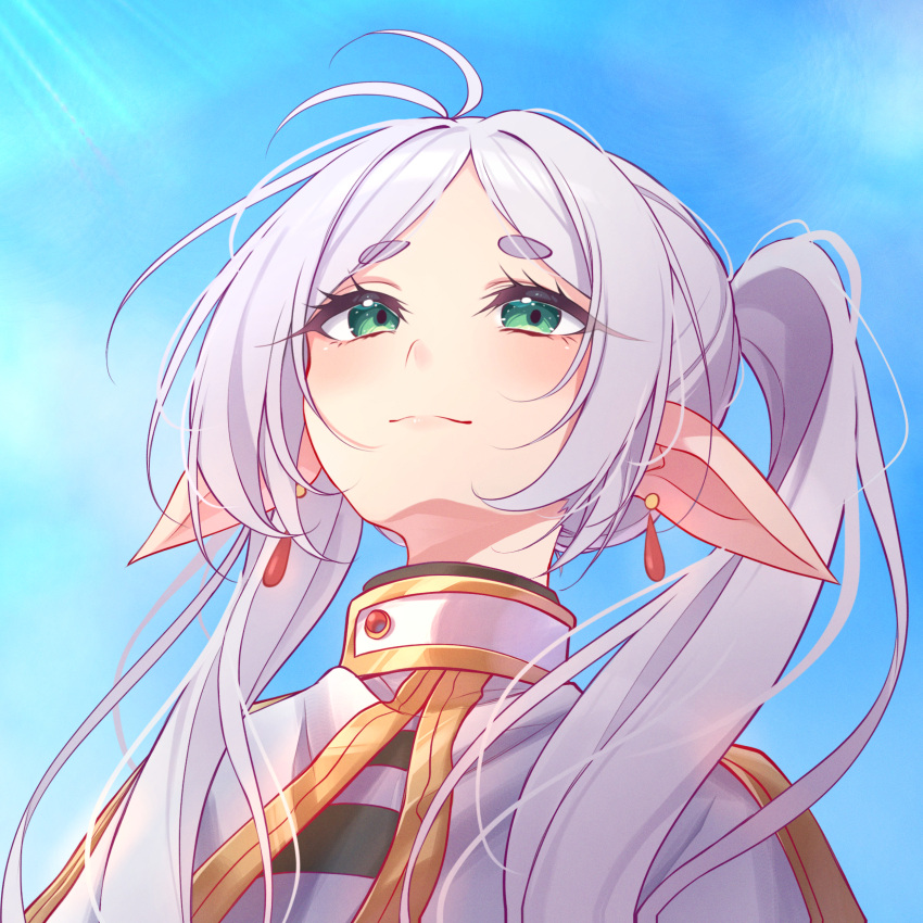 1girl, absurdres, blush, cape, closed_mouth, double-parted_bangs, earrings, elf