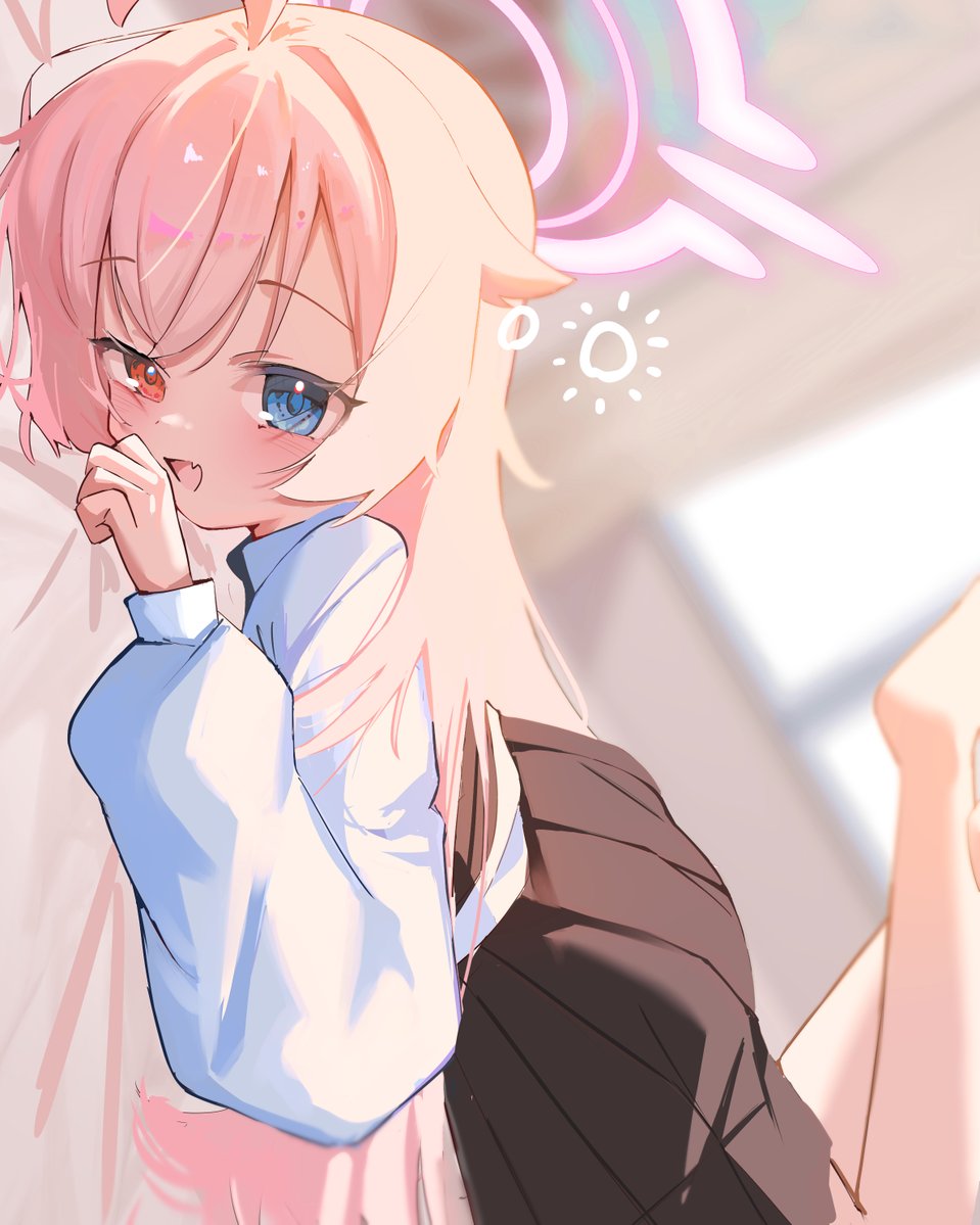 1girl, ahoge, aoi_(swoi_ekk), barefoot, black_skirt, blue_archive, blue_eyes, blurry
