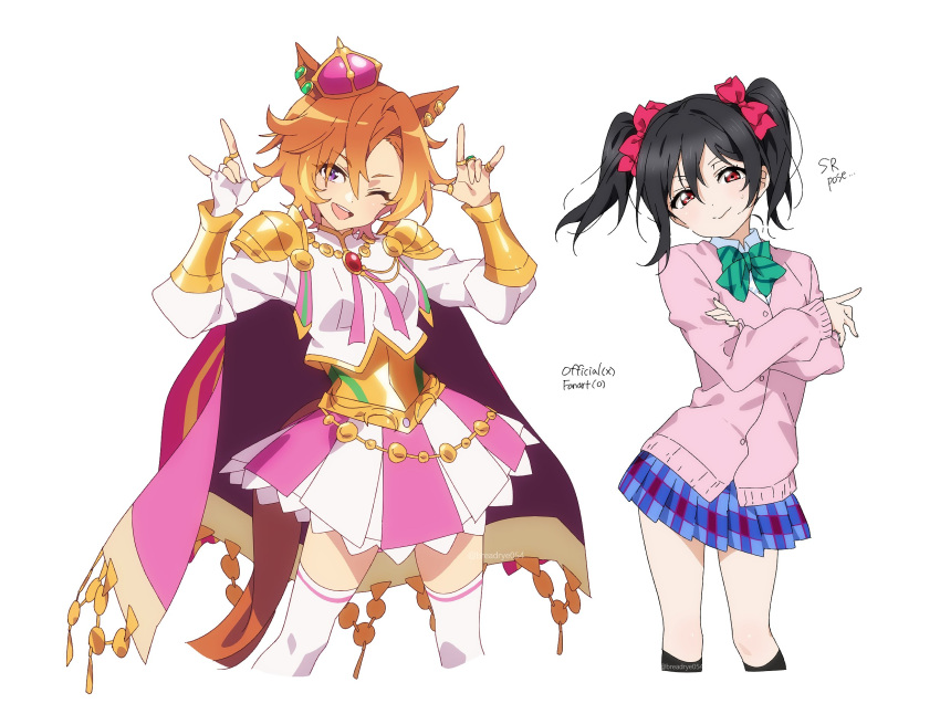 2girls, animal_ears, black_hair, breadrye, capelet, crown, highres, horse_ears