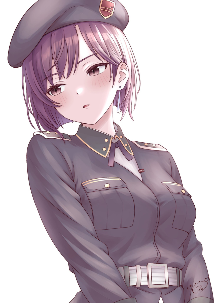 1girl, belt, beret, black_jacket, blush, breast_pocket, breasts, brown_eyes