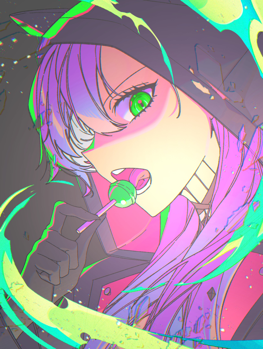 1girl, black_hands, body_markings, breasts, candy, colored_extremities, crossed_bangs, demon_girl