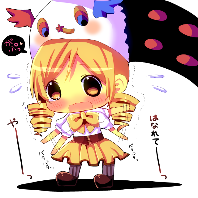 1girl, after_image, afterimage, biting, blonde_hair, blush, charlotte_(madoka_magica), chibi