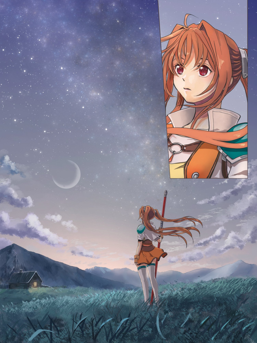 1girl, ahoge, antenna_hair, armor, bo_staff, brown_gloves, cabin, clothes_lift