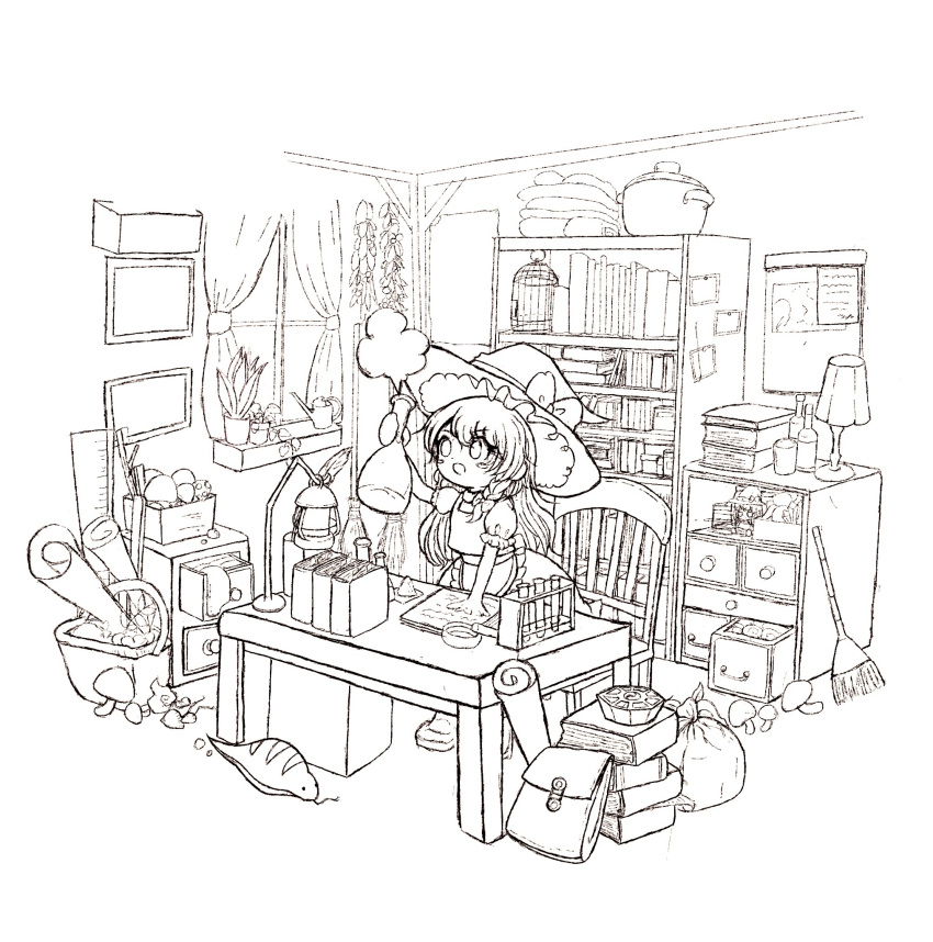 1girl, apron, bag, birdcage, book, bookshelf, bottle, bow, braid, broom, cabinet, cage, chair, character_doll, commentary_request, curtains, deformed, desk_lamp, diorama, doll, erlenmeyer_flask, flask, hair_bow, hat, hat_bow, highres, holding, holding_bottle, holding_flask, indoors, kirisame_marisa, lamp, lineart, long_hair, mini-hakkero, molmaron, mushroom, open_mouth, plant, potted_plant, procreate_(medium), puffy_short_sleeves, puffy_sleeves, shelf, short_sleeves, single_braid, solo, table, test_tube, test_tube_rack, touhou, tsuchinoko, tsuchinoko_(touhou), window, witch_hat