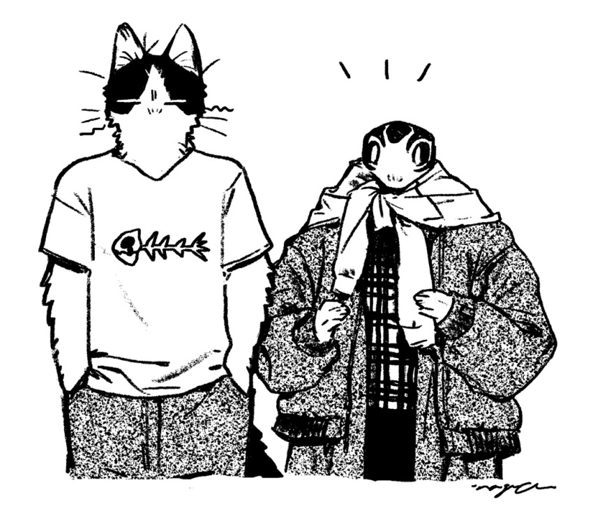 2boys, animal_ears, aoi_(monotone_blue), cat_boy, cat_ears, cat_tail, closed_eyes, coat