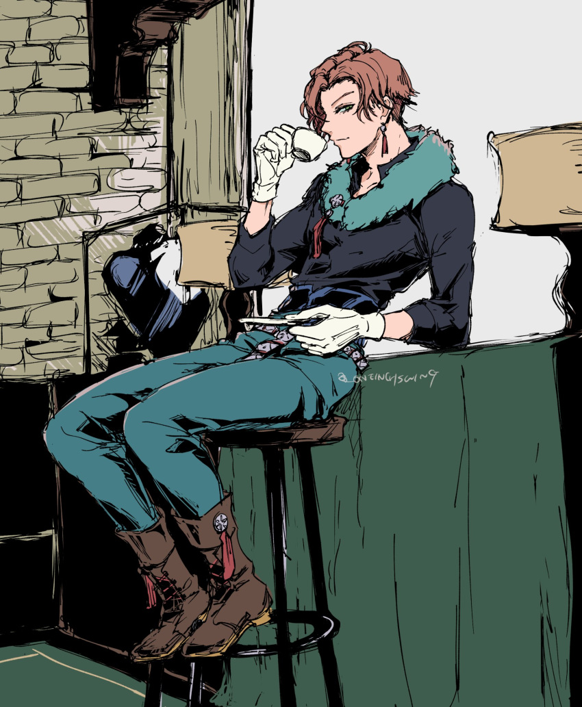 1boy, blue_fur, blue_pants, boots, brown_boots, cup, earrings, fire_emblem