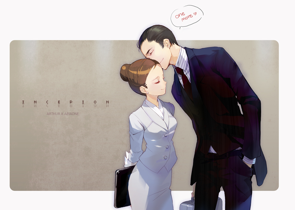 arthur_(inception), black_hair, briefcase, brown_hair, closed_eyes, earrings, eyes_closed, formal, height_difference, inception, jewelry, milktea, necktie, science_fiction, smile, suit