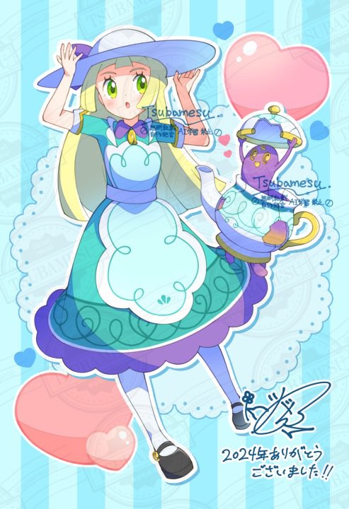 1girl, :o, black_shoes, blonde_hair, commentary_request, dress, full_body, green_dress, green_eyes, hat, heart, lillie_(pokemon), lillie_(special_costume)_(pokemon), long_hair, open_mouth, pokemon, pokemon_(creature), pokemon_masters_ex, shoes, short_sleeves, signature, sinistea, tsubamesu727, white_hat
