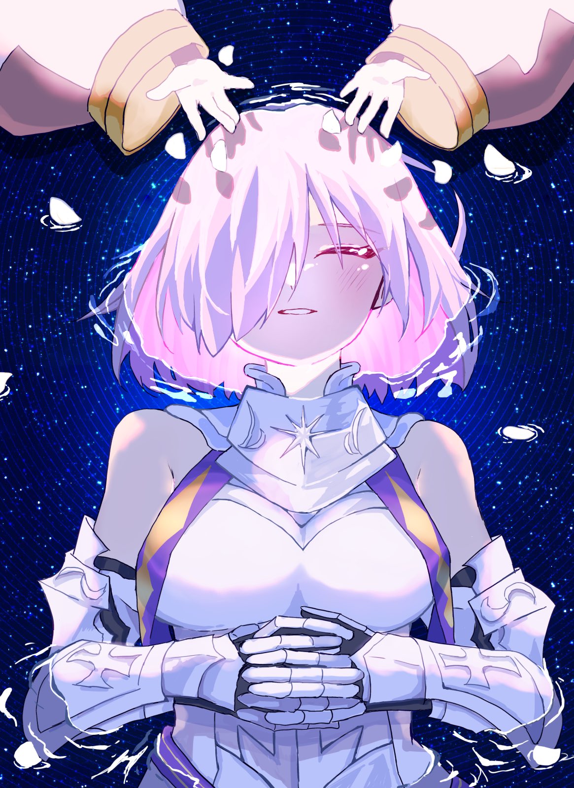 2girls, armor, blush, closed_eyes, commentary_request, fate/grand_order, fate_(series), gauntlets, grin, habetrot_(fate), hair_over_one_eye, highres, lying, mash_kyrielight, mash_kyrielight_(paladin), multiple_girls, one_eye_covered, own_hands_together, partially_submerged, petals, pink_hair, short_hair, smile, t_maguo, trinity_metatronius_(fate/grand_order), white_armor