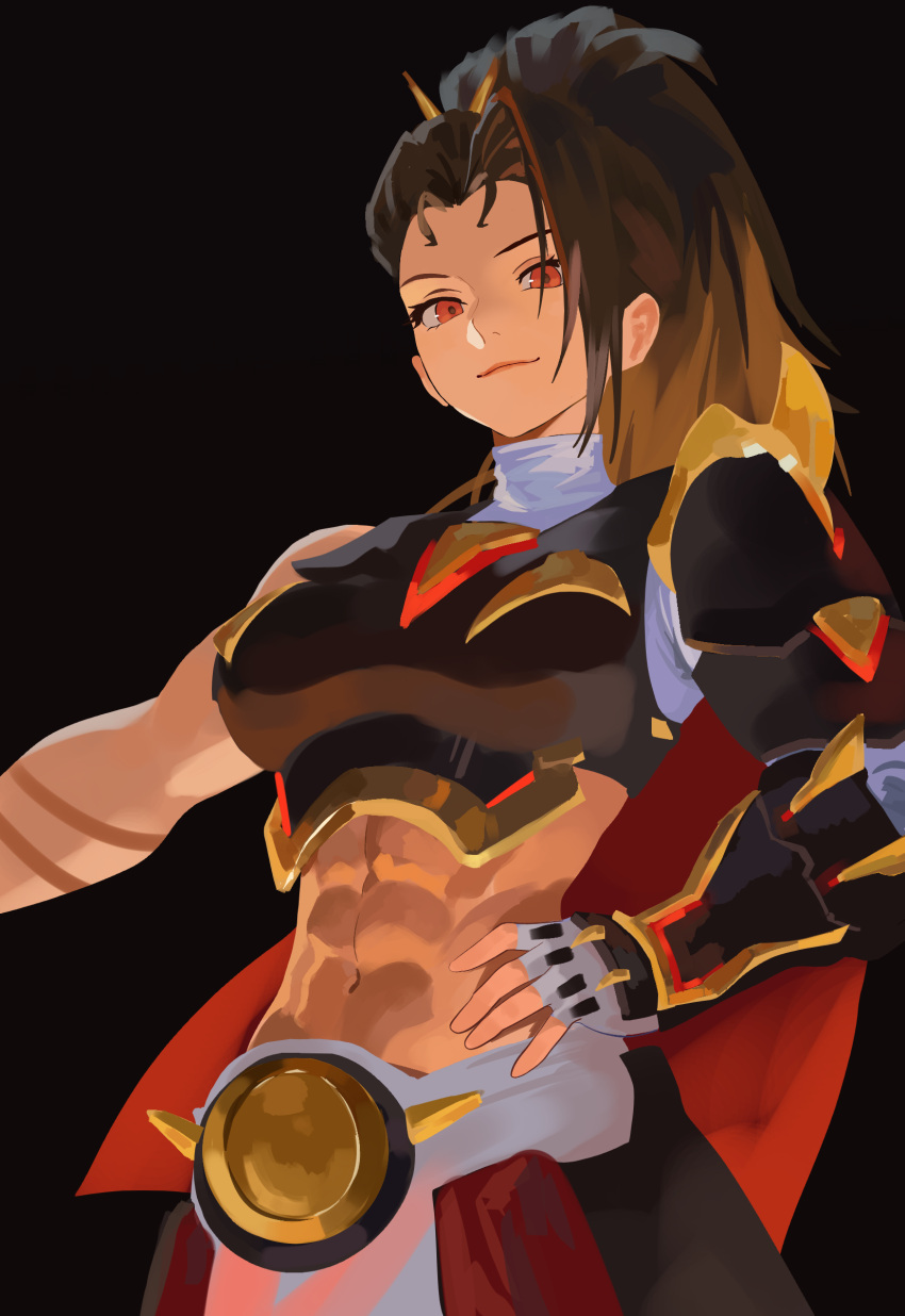 1girl, abs, absurdres, arm_armor, armor, black_background, breastplate, breasts