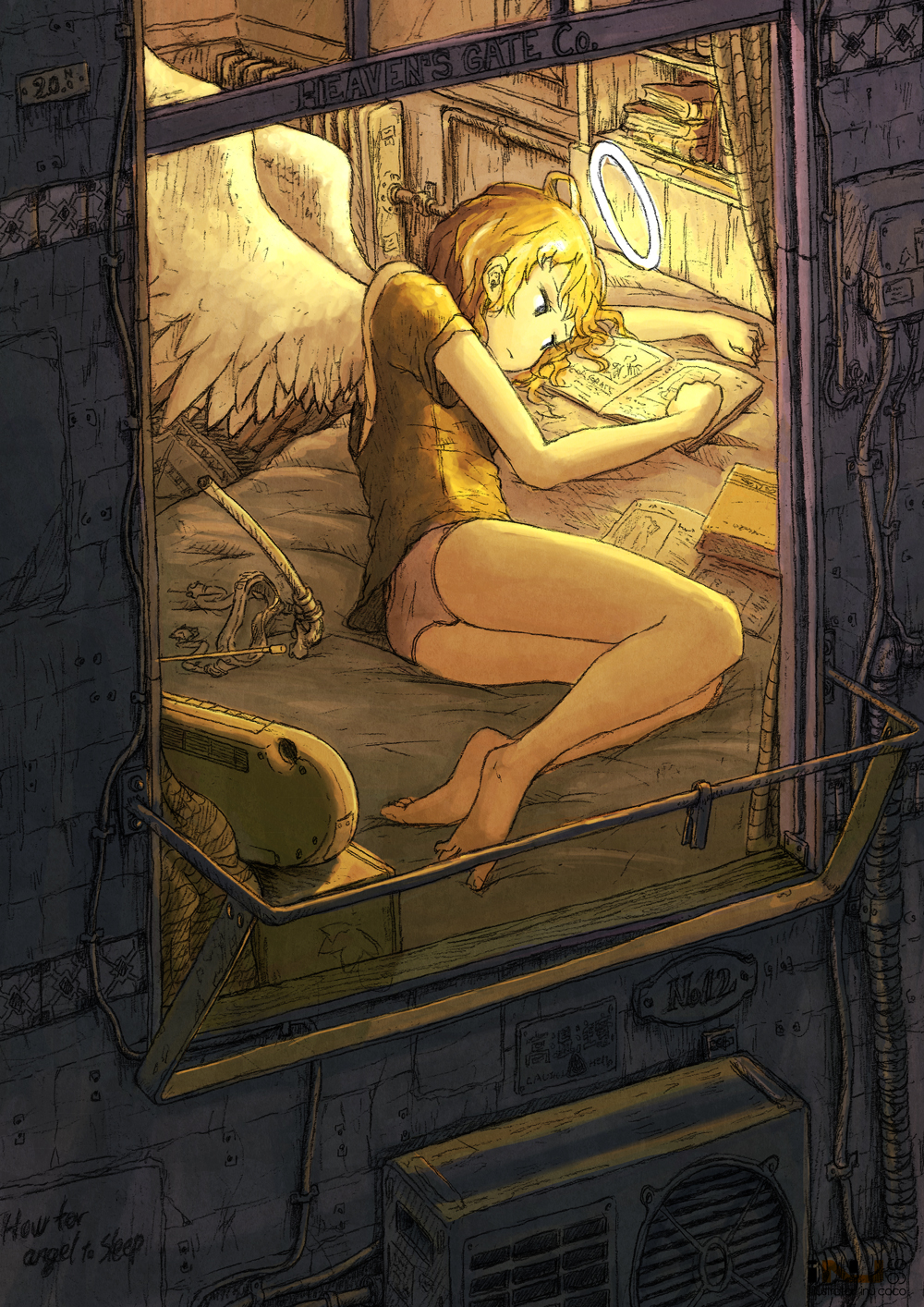 air_conditioner, angel, angel_wings, barefoot, bed, blonde_hair, book, boombox