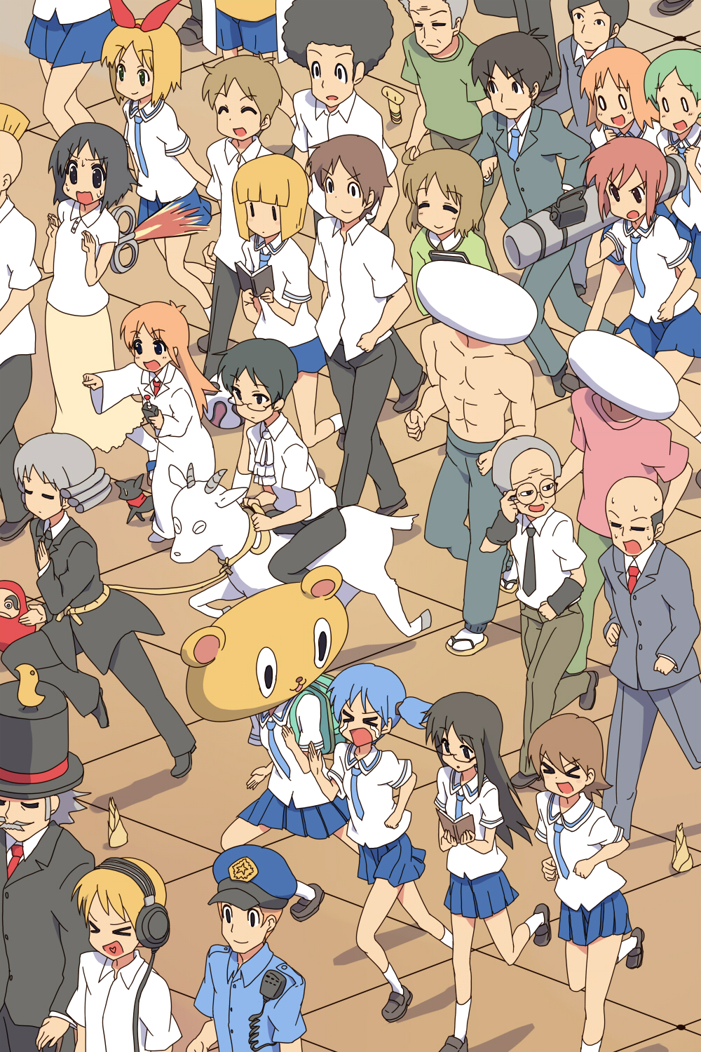 afro, aioi_yuuko, annaka_(nichijou), annaka_haruna, bald, bamboo_shoot, book, character_request