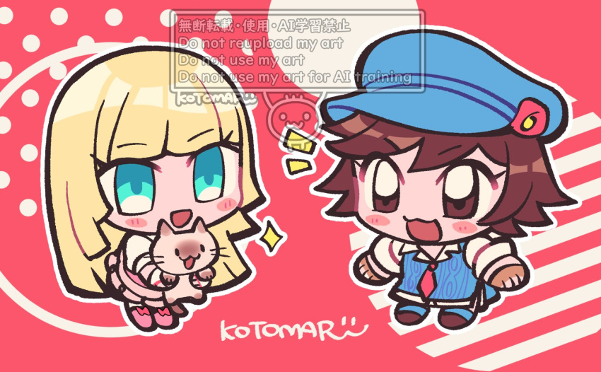 2girls, :3, animal, blonde_hair, blue_eyes, blue_hat, blue_shoes, blue_sweater