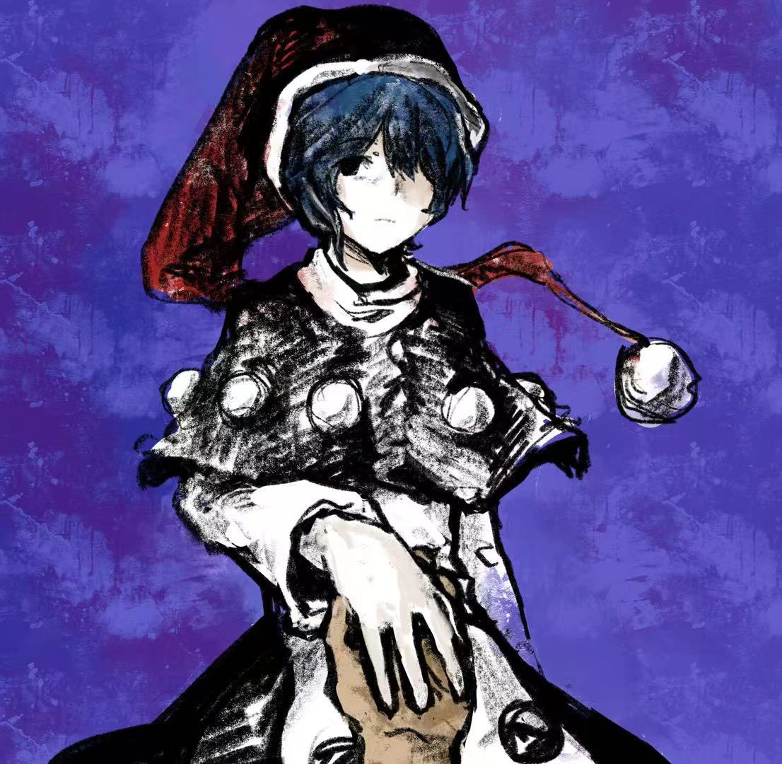 1girl, blue_background, blue_eyes, blue_hair, doremy_sweet, hand_on_own_cheek, hand_on_own_face, hat