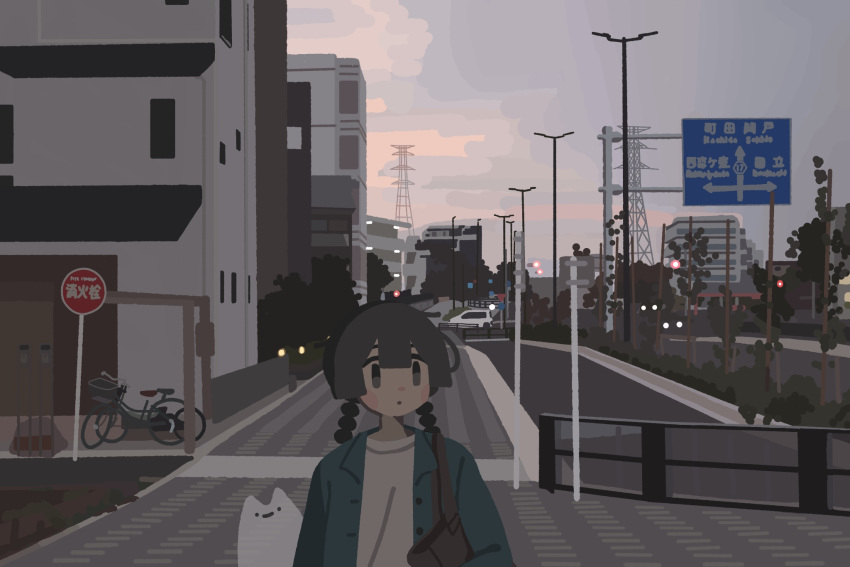 1girl, :o, bag, basket, bicycle, bicycle_basket, black_eyes, black_hair, blush, braid, brown_bag, building, car, cityscape, commentary, double-parted_bangs, green_shirt, hair_between_eyes, highres, japan, kyora_san, lamppost, long_hair, low_twin_braids, motor_vehicle, open_mouth, original, outdoors, road_sign, scenery, sheet_ghost, shirt, shoulder_bag, sign, sky, smile, solo, straight-on, sunset, traffic_light, tree, twin_braids, upper_body, utility_pole, white_car, white_shirt