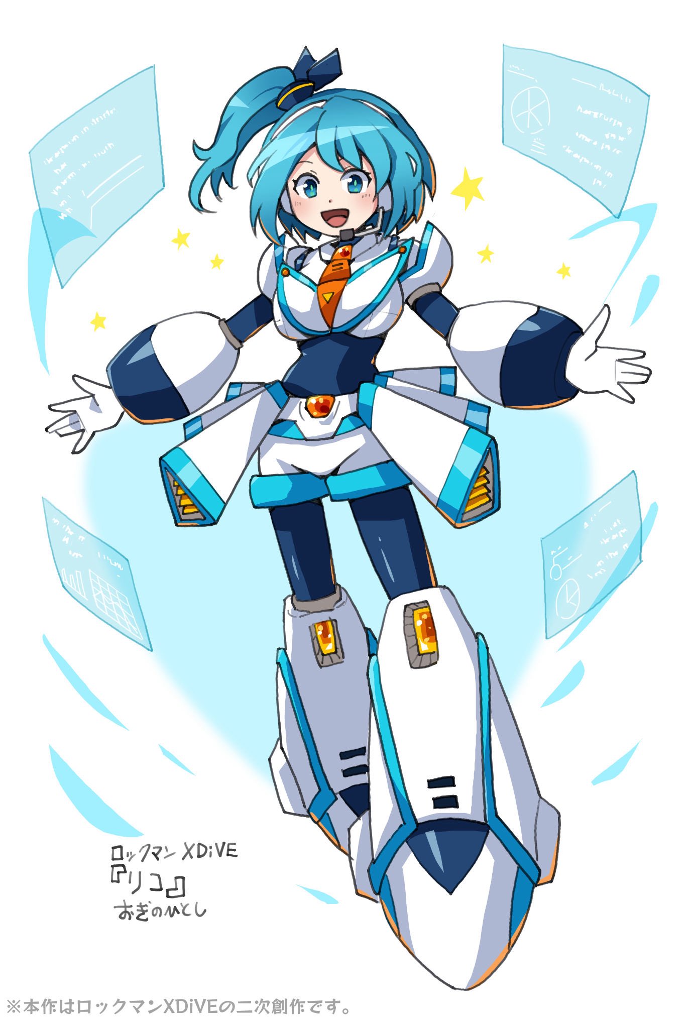 1girl, armor, black_bodysuit, blue_eyes, blue_hair, bodysuit, character_name, copyright_name