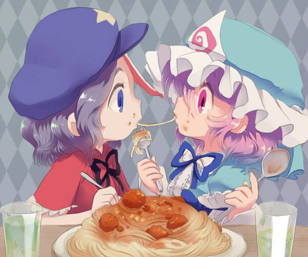 beret, blue_dress, blue_eyes, blue_hair, disney, dress, drinking_glass, face-to-face